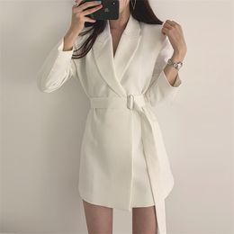 Korean Chic Fashion Elegant Office Lady Blazer Women Slim Long Suit Coat Autumn Blazers Female England Outwear With Belt 210514