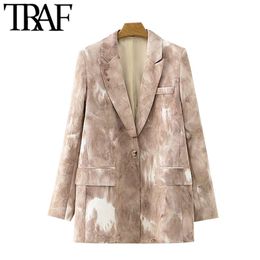 TRAF Women Fashion Single Button Tie-dye Print Blazer Coat Vintage Long Sleeve Pockets Female Outerwear Chic Tops 211019