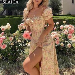 Woman Dress Summer Puff Sleeve Square Collar Floral Strappy Split High Waist Beach Holiday Maxi Vestidos De Mujer 210515