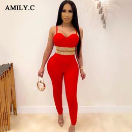 rayon jumpsuit UK - Women's Jumpsuits & Rompers Amily.c High Quality Red 2 Piece Crystal Rayon Bandage Bodysuit Sexy Sleeveless V-Neck Backless Party Club Jumps