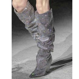 Mstacchi Yeni Lüks Kristal Ayakkabı Kadın Sivri Burun Diz Yüksek Çizmeler Seksi Taklidi Tıknaz Spike Topuk Çizmeler Bayanlar Botas Mujer H1123