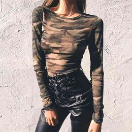 Camouflage See-through T-shirt For Women Autumn Casual Sexy See Through Mesh Top O-Neck Long Sleeve Crop Tops Girls Short Tee 210517