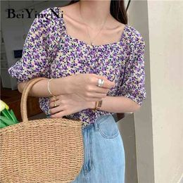 Chiffon Blouses Shirts Female Vintage Slash Neck Tops Woman Casual Summer Korean Chic Kawaii Blouse Women Floral Print 210506