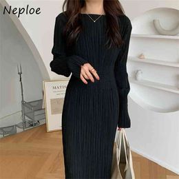 High Waist Hip Bodycon Dress Women O Neck Pullover Long Sleeve Black Vestidos Vintage Draped Design Simple Robe Femme 210422