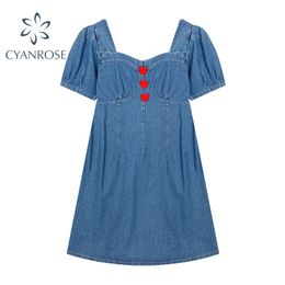 Summer Women Vintage Blue Denim Dress Elegant Short Puff Sleeve Backless High Waist A-line Casual Vestidos Female 210515