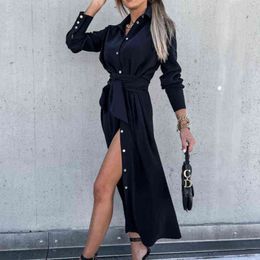 Women Summer Spring Button Chic Long Shirt Dress Casual Single Breasted Shirt Dress Elegant Solid Color Long Sleeve Party Dress Y1204