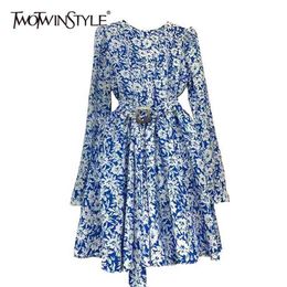 Print Temperament Spring Dress For Women O Neck Long Sleeve High Waist Sashes Blue Dresses Female Fashion 210520