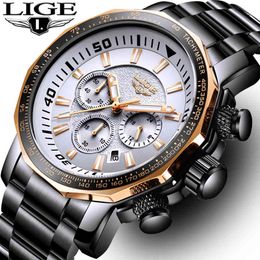 LIGE Moda Marka Erkekler İzle Chronograph Tam Çelik Iş Kuvars Saat Askeri Spor Su Geçirmez İzle Adam Relogio Masculino Q0524