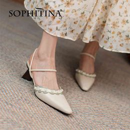 SOPHITINA Genuine Leather Summer Women Shoes Sandals Pearl Sexy Stylish Flower Strange Heel Dressing Pointed Toe Suede FO356 210513