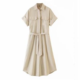 Summer Women Pockets Shirts Dress Short Sleeve Solid Turn-down Collar Sashes Bow Tie Female Elegant Casual vestidos 210513