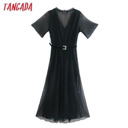 Tangada fashion women solid black pleated mesh dress short sleeve with belt ladies elegant midi dress vestidos CE697 210323