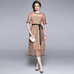 High Quality Summer fashion Elegant women Dot print Mesh Dress Lantern sleeve O neck lace dress 210531