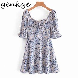 Floral Print Summer Dress Women Sexy Square Neck Short Sleeve A-line Mini Sundress Vestido Mujer Holiday Casual 210430