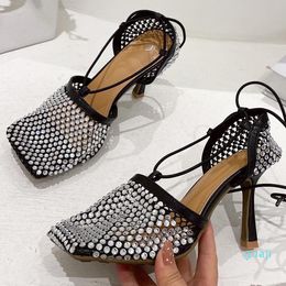 Dress Shoes Size 35-42 Crystal Green Women Fishnet Pumps Runway Square Toe Ankle Cross Tied High Heel Rhinestone Sandals