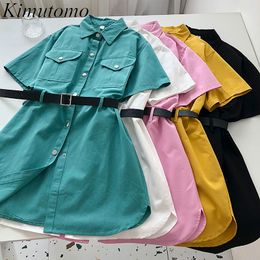 Kimutomo Safari Style Dress Girl Summer Korean Short-sleeved Casual Turn-down Collar Breasted Solid Vestido with Belt 210521