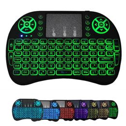 7 Cores Litre -back i8 Mini teclado sem fio 2.4g Air Mouse Controle remoto Touchpad Luz de fundo com bateria recarregável para Android TV Box X96 Max Plus