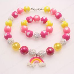 Pink+Yellow Rainbow Pendant Necklace Chunky Bubblegum Heart Beaded Necklace Bracelet Kids Girls Fashion Jewelry Gift