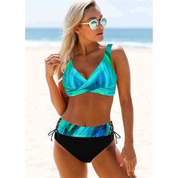 2 Pieces Set Swimsuit Women Sexy Bikinis Rainbow Striped Swimwear High Waist Bikini Push Up Swimming Suit 210722