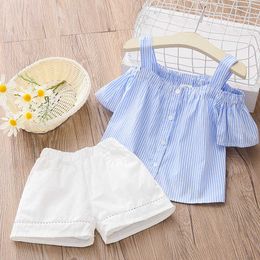 Fashion 2 3 4-11 12Years Simple Cotton Striped Off Shoulder Strap T-shirt + Shorts 2 Pieces Baby Kids Girls Summer Sets 210529