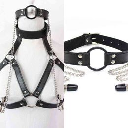 Nxy Bondage Sex Toys for Couples Sexy Faux Leather Lingerie Breast Binder Beha Top and Mouth Gag with Tapes Female Harnas Fetish Restraint Suit 1211