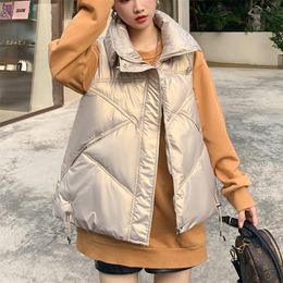 Women's Vests Shinny Winter Puffer Vest Women Solid Turn Down Collar Zipper Quilted Ladies Sleeveless Jacket Loose Fashion Style Waistcoat