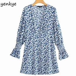 Women Blue Floral Print V Neck Long Sleeve Dress Female A-line Mini Holiday Summer Plus Size Short vestido JJWM355 210514