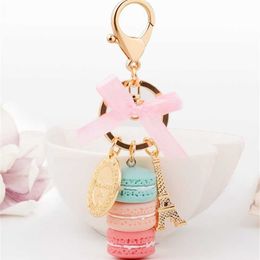 Creative Macarons Cake Keychain LADUREE Effiel Tower Ribbon Key Chain Ring Women Handbag Bag Charm Fashion Trinket Wholeasle G1019