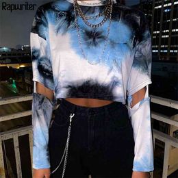 Casual Tie Dye O-Neck Long Sleeve Harajuku Oversized Crop Top Sweatshirt Women Korean Hollow Out Pullover Tops Clothes 210510