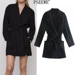 Dress Women Belt Black Mini Blazer Woman Fashion Pocket Office Wear Wrap Long Sleeve Elegant Ladies es 210519