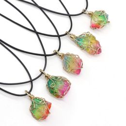 Raw Quartz Pendant Rainbow Plating with PU Chain Irregular Natural Crystal Wrapped Necklace for Women