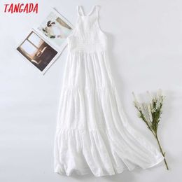 Tangada Women Embroidery Romantic White Cotton Halter Dress Sleeveless Females Long Dresses Vestidos 6H43 210609