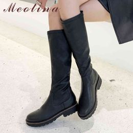 Winter Riding Boots Women Natural Genuine Leather Thick Heel Knee High Cow Round Toe Shoes Lady Fall 34-39 210517