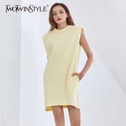 Casual White Dress For Women O Neck Sleeveless Solid Minimalist Loose Dresses Female Fashion Clothing Summer 210520