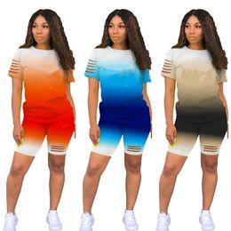 New Women tracksuits plus size 3XL summer outfits short sleeve pullover T-shirts shorts pants holes ripped two piece set casual gradient sportswear jogger suits 4690