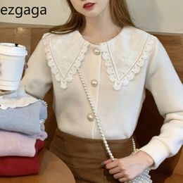 Ezgaga Sweet Girl Shirts Peter Pan Kragen Spitze Patchwork Outwear Warm Lose Elegante Koreanische Tops All-Match Frauen Shirts 210430