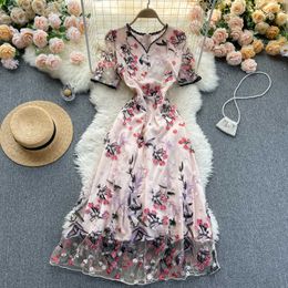 Vintage Pink Embroidery Mesh Dress Women Sweet Short Sleeve V-Neck High Waist Hollow Out Vestidos Female Summer 2021 Fashion New Y0603