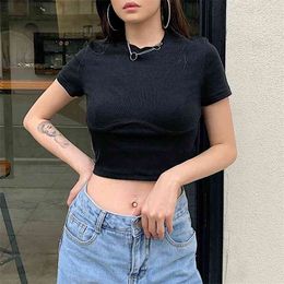 Women T-Shirt Casual Short Sleeve Round Neck Slim Fit Basic Summer Tops Exposed Navel Gym Outdoor Ladies Sale Clothing 210522