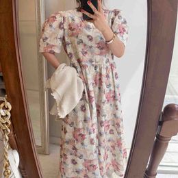 Summer Fashion Temperament Casual Retro O-neck Shirring Loose Oil Painting Printed Puff Sleeve Robe Dress 16F1240 210510