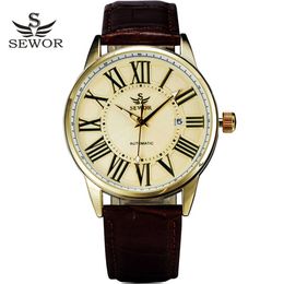 2016 new fashion SEWOR brand design business calendar clock men male automatic mechanical self wind leather wrist dress watch Q0902