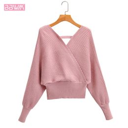 Sexy V-neck Long-sleeved Cross Pink Knitted Loose Bat Sleeves Western-style Female Sweater Waist Set Harajuku Chic Women's Sweat 210507