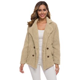Casual Teddy Coat Women Autumn Winter Lapel Double Breasted Plus Size Warm Faux Fur Jacket Female Loose Pocket Plush Outwear 210507
