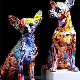 Simple Creative Colour Bulldog Chihuahua Dog Statue Living Room Ornaments Home Entrance Wine Cabinet Office Decors Resin Crafts 211105