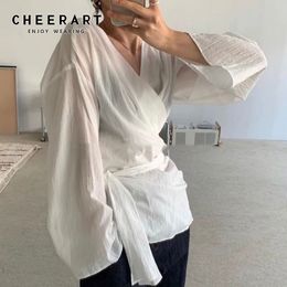 Fall Korean Blouse Women Long Sleeve Wrap Top V Neck See Through Lace Up Loose Flare Casual 210427