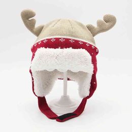 baby kid child Checked Earflap Winter warm jacquard Christmas reindeer Trapper Hat polar fleece lining hat