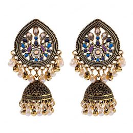 Ethnic Gold Color Flower Dangle Earrings For Women Pendientes Piercing Retro Vintage Pearl Beads Indian Earrings