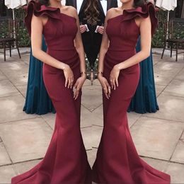 Elegant Simple Burgundy Mermaid Evening Dresses Plus Size Ruffles Sweep Train Formal Dress Prom Party Gowns vestidos robes de soirée