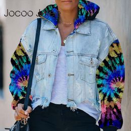 Fashion Tie Dye Patchwork Denim Coat Vintage Ripped Tassel Boyfriend Style Jean Jackets Batwing Loose Overcoats 210428