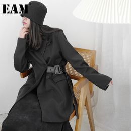 [EAM] Women Black Asymmetrical Big Size Blazer Notched Long Sleeve Loose Fit Jacket Fashion Spring Autumn 1DD5903 21512
