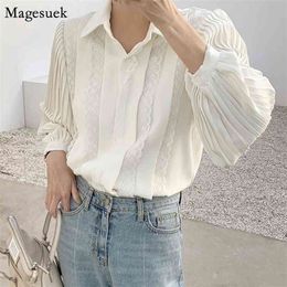 Loose Lace White Blouse Women Spring Lapel Button Pleated Female Shirt Tops Long Sleeve Blouses Casual Blusas 12637 210512