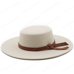9.5CM Wide Brim Simple Church Derby Top Hat Panama Solid Felt Fedoras Hat with Leather Bow for Women artificial wool Blend Jazz Cap